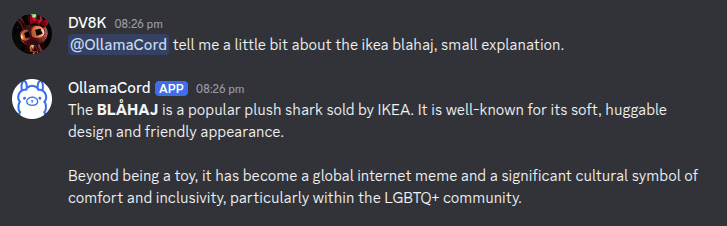 OllamaCord giving a short explanation about IKEA Blahaj