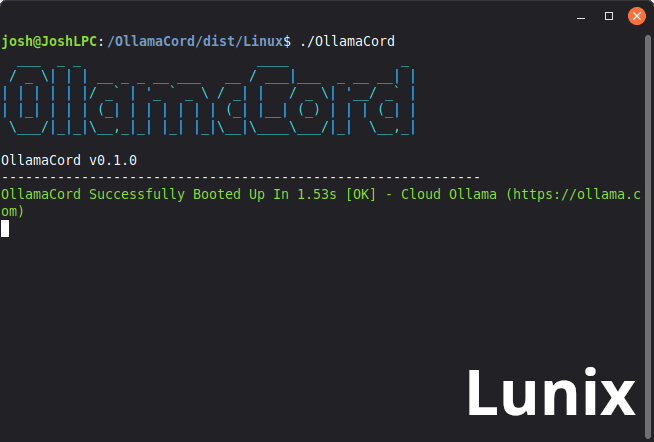 OllamaCord successfully running in a Linux terminal
