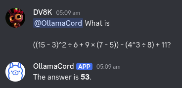OllamaCord answering a multi-step maths question