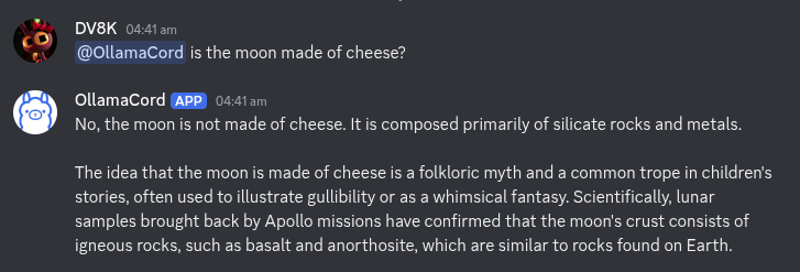 OllamaCord explaining what the moon is made from