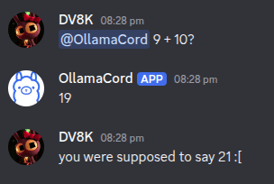 OllamaCord replying to a short maths question
