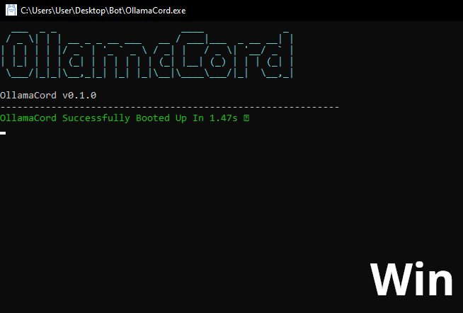 OllamaCord successfully running in a Windows console